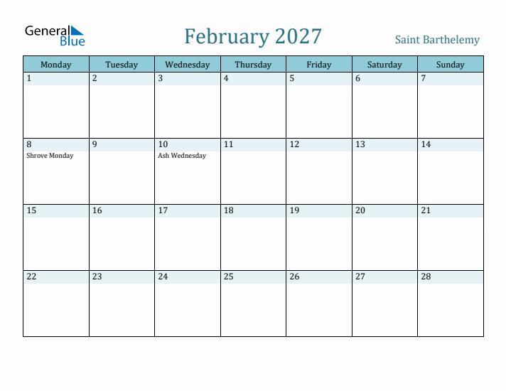 February 2027 Calendar with Holidays