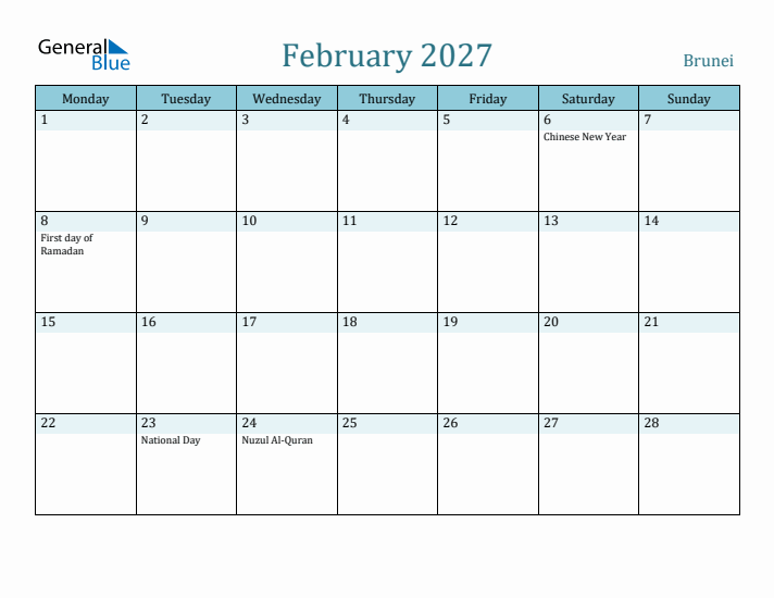 February 2027 Calendar with Holidays