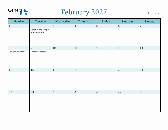 February 2027 Calendar with Holidays