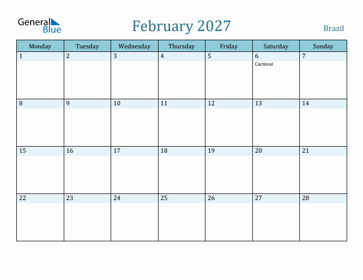 February 2027 Calendar with Holidays