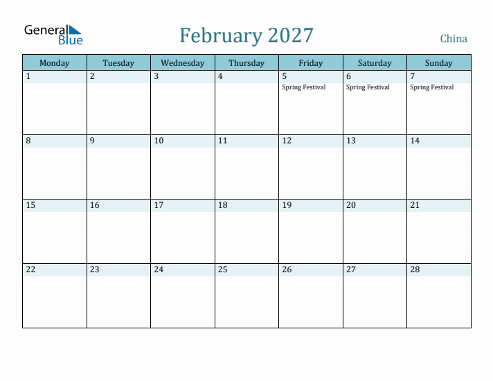 February 2027 Calendar with Holidays