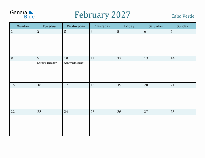 February 2027 Calendar with Holidays