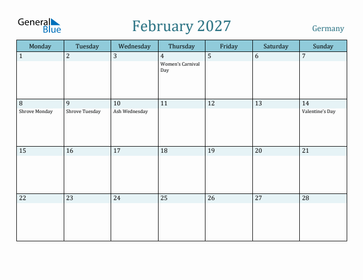 February 2027 Calendar with Holidays