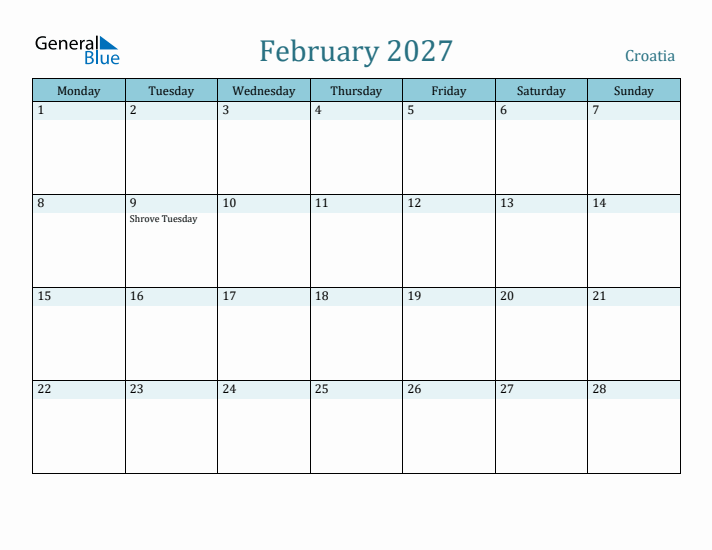 February 2027 Calendar with Holidays