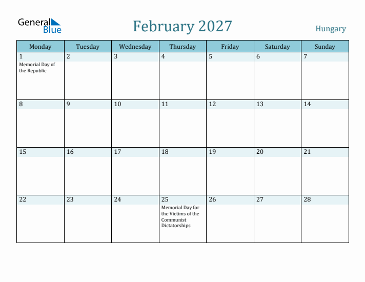 February 2027 Calendar with Holidays