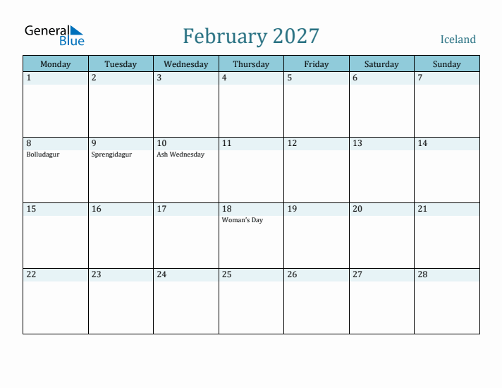 February 2027 Calendar with Holidays