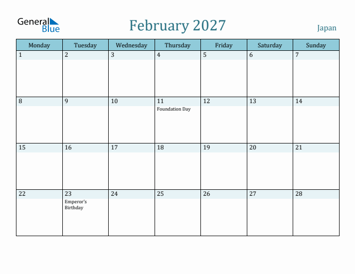 February 2027 Calendar with Holidays