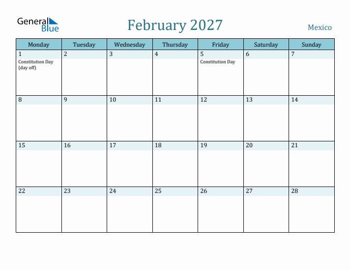 February 2027 Calendar with Holidays