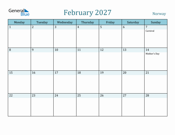 February 2027 Calendar with Holidays