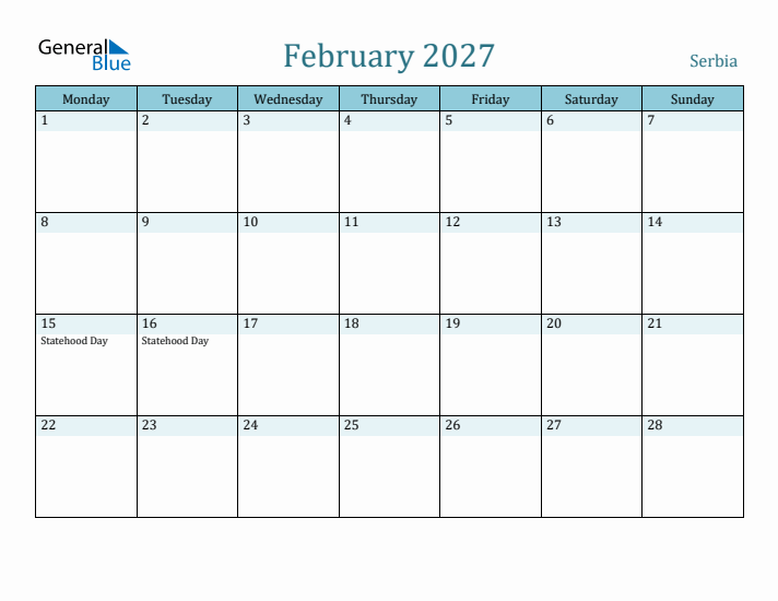 February 2027 Calendar with Holidays