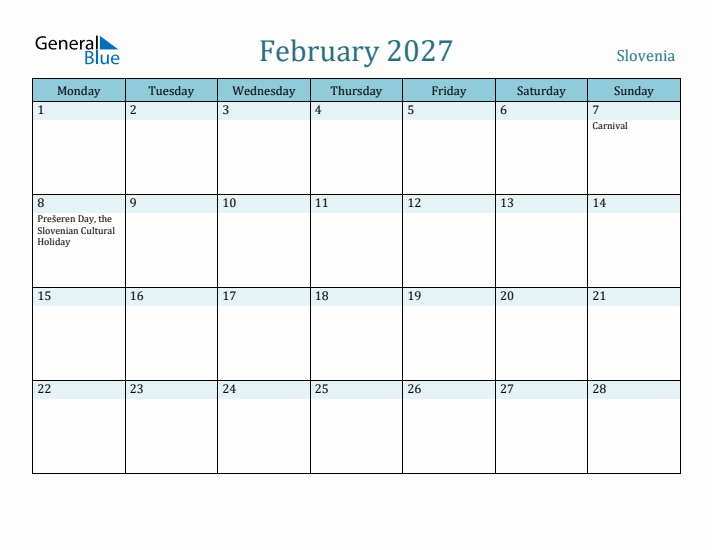 February 2027 Calendar with Holidays