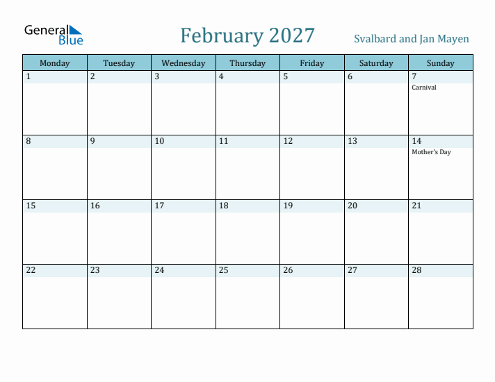 February 2027 Calendar with Holidays