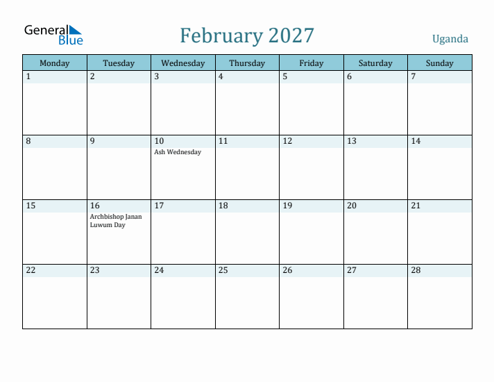 February 2027 Calendar with Holidays