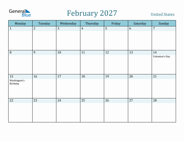 February 2027 Calendar with Holidays