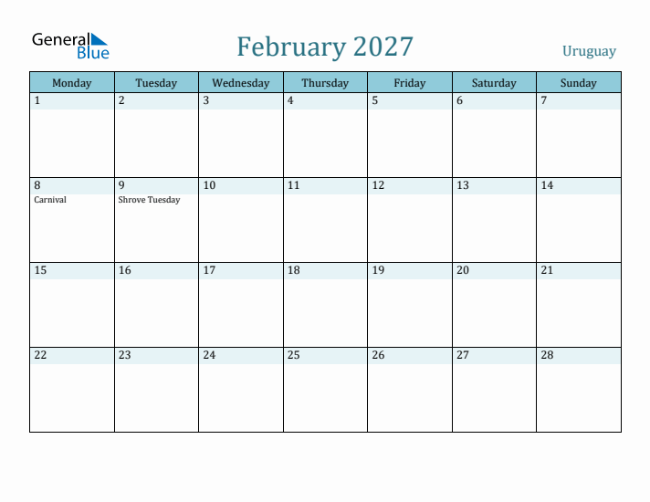 February 2027 Calendar with Holidays