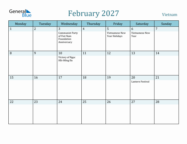 February 2027 Calendar with Holidays