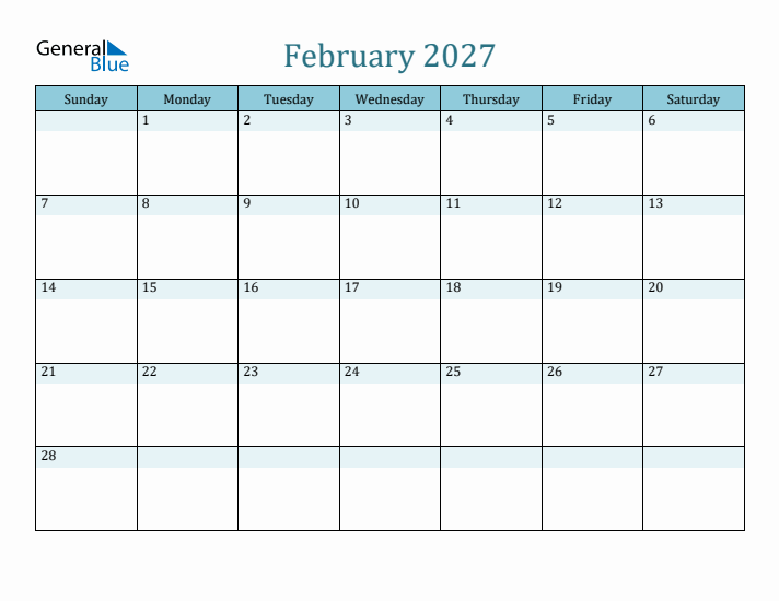 February 2027 Printable Calendar