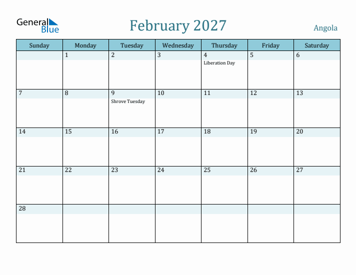 February 2027 Calendar with Holidays