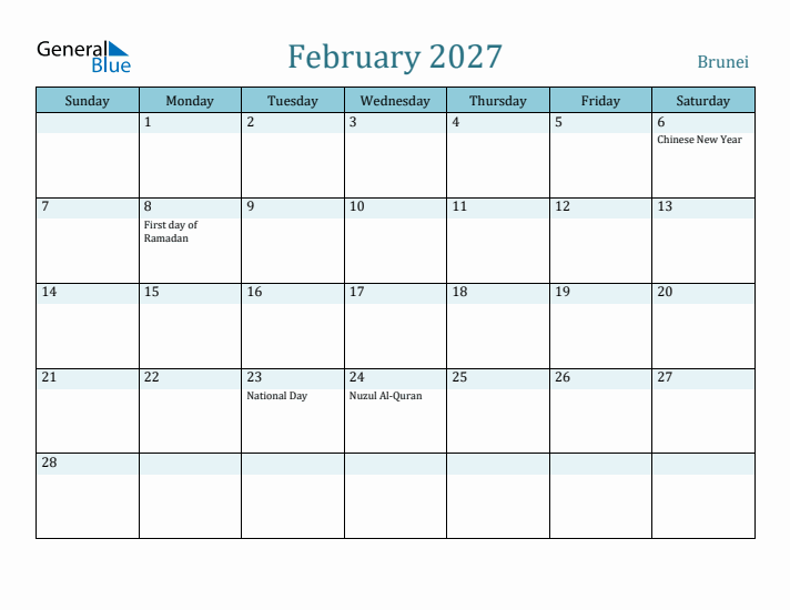 February 2027 Calendar with Holidays