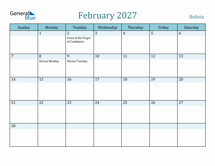 February 2027 Calendar with Holidays