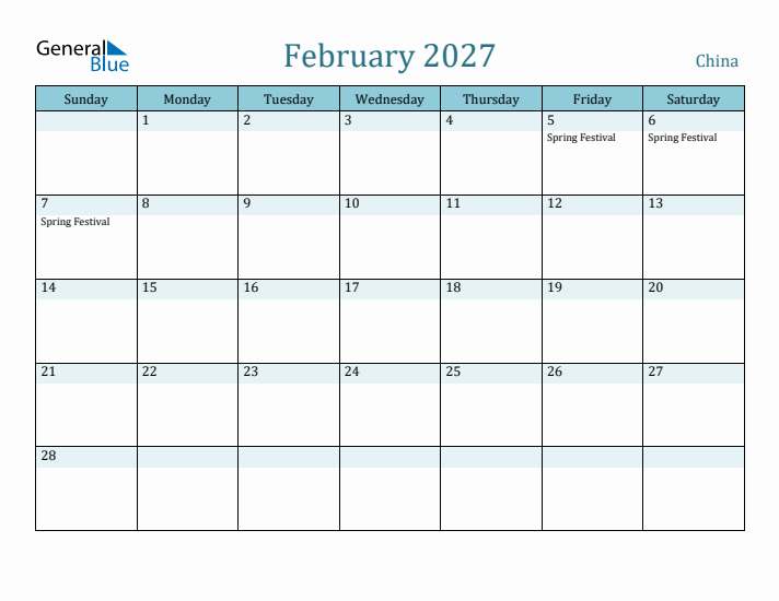 February 2027 Calendar with Holidays