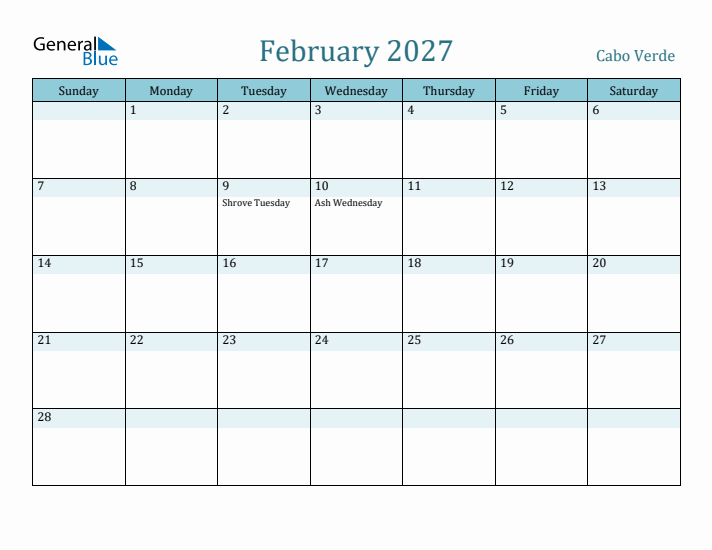 February 2027 Calendar with Holidays