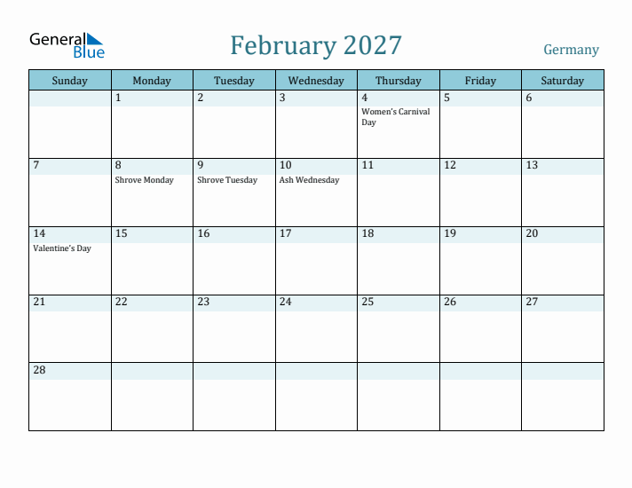 February 2027 Calendar with Holidays