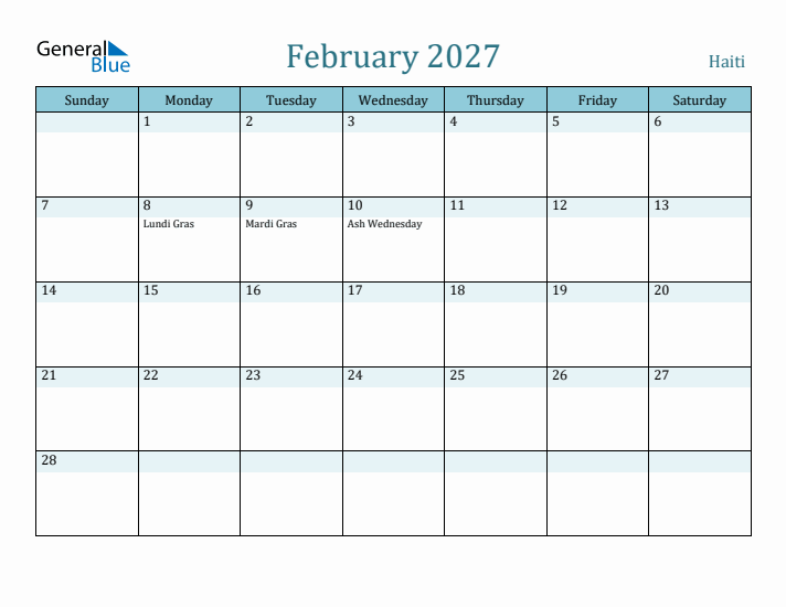 February 2027 Calendar with Holidays