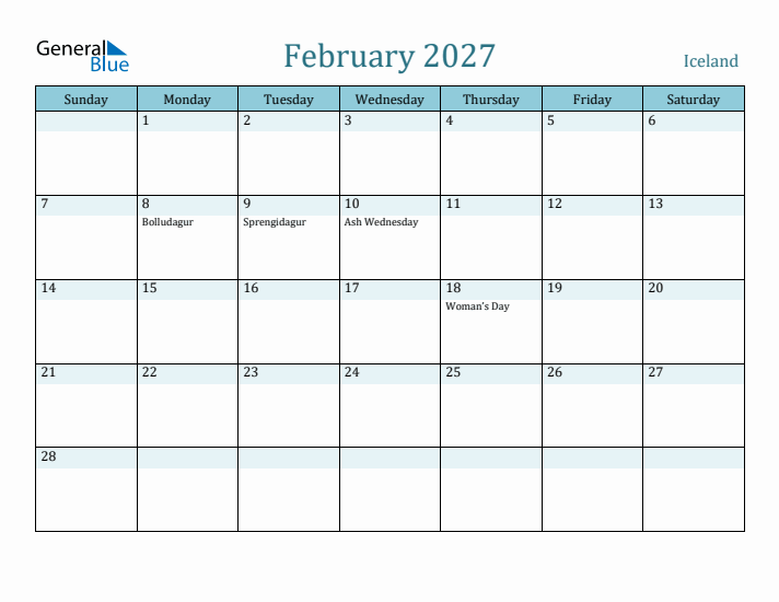 February 2027 Calendar with Holidays