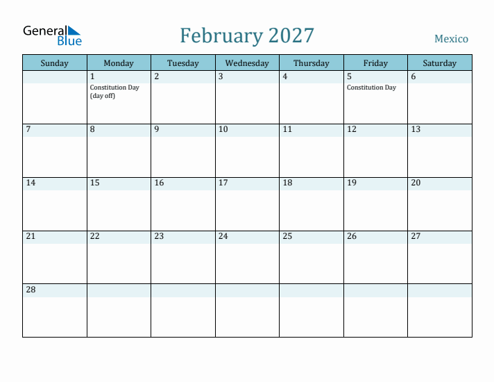 February 2027 Calendar with Holidays