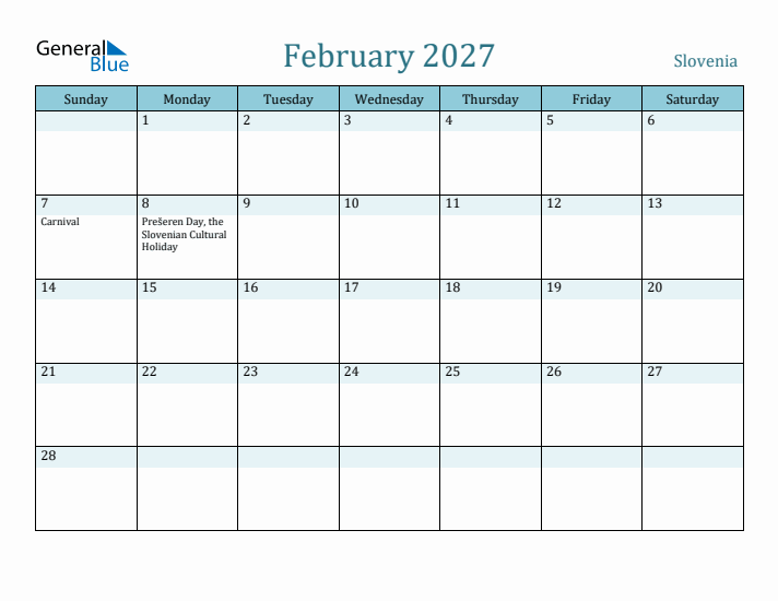 February 2027 Calendar with Holidays