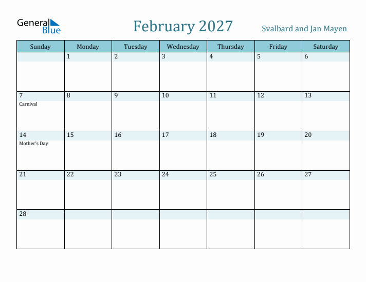 February 2027 Calendar with Holidays