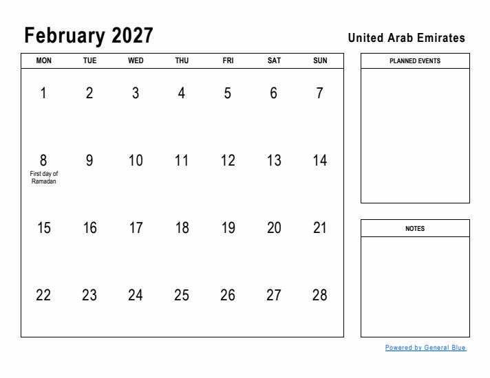 February 2027 Printable Monthly Calendar with United Arab Emirates Holidays