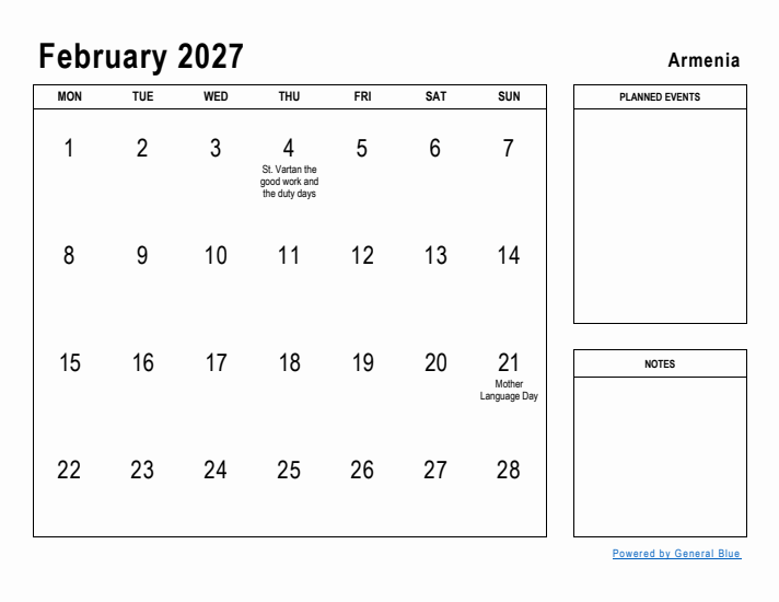 February 2027 Printable Monthly Calendar with Armenia Holidays