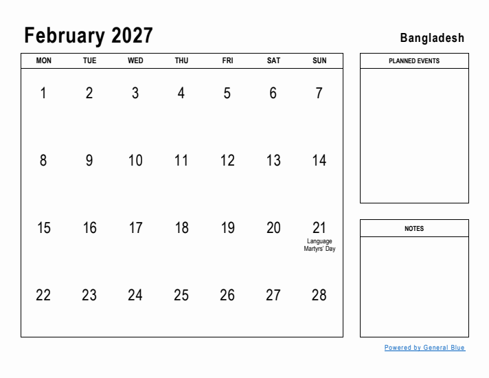 February 2027 Printable Monthly Calendar with Bangladesh Holidays