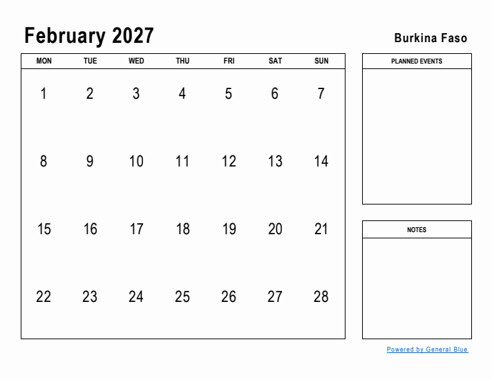 February 2027 Printable Monthly Calendar with Burkina Faso Holidays