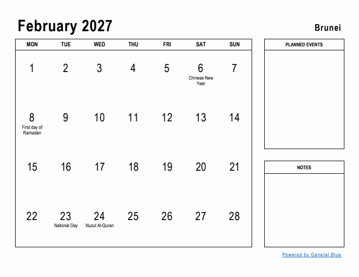 February 2027 Printable Monthly Calendar with Brunei Holidays