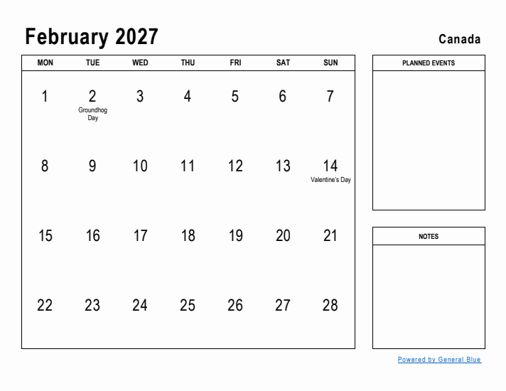 February 2027 Printable Monthly Calendar with Canada Holidays