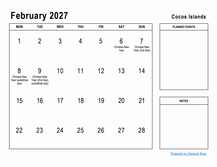 February 2027 Printable Monthly Calendar with Cocos Islands Holidays