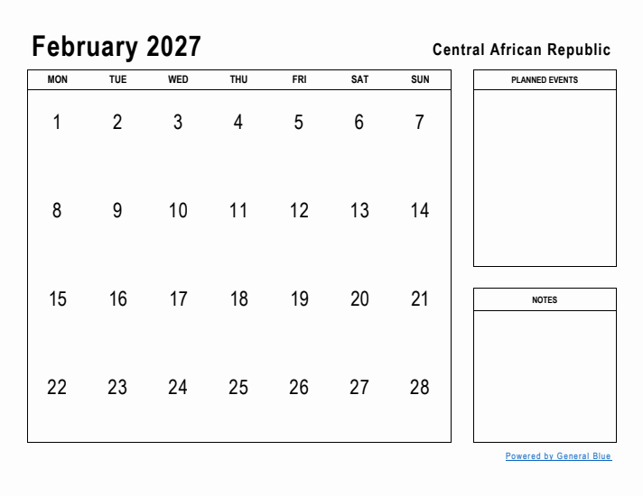 February 2027 Printable Monthly Calendar with Central African Republic Holidays