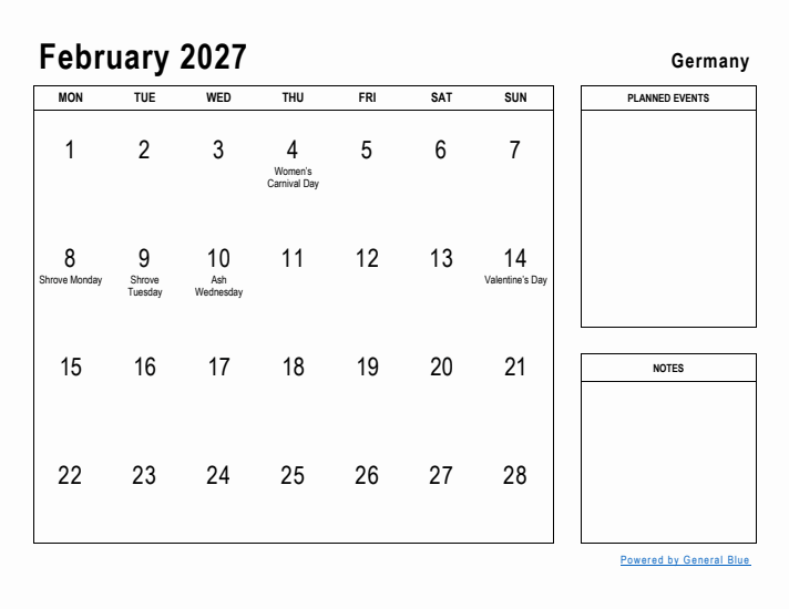 February 2027 Printable Monthly Calendar with Germany Holidays