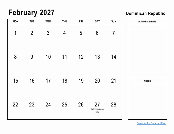 February 2027 Printable Monthly Calendar with Dominican Republic Holidays