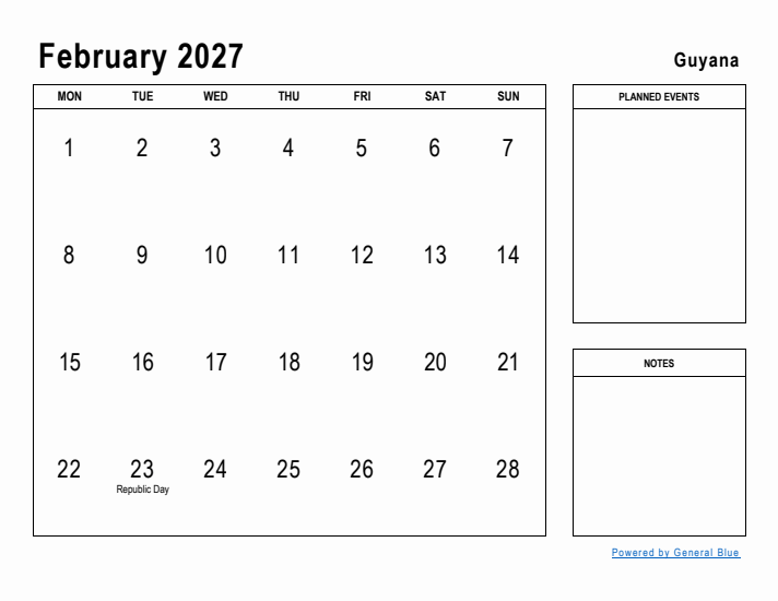 February 2027 Printable Monthly Calendar with Guyana Holidays