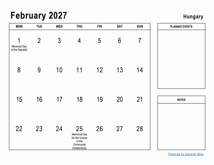 February 2027 Printable Monthly Calendar with Hungary Holidays