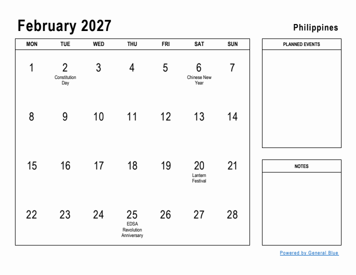 February 2027 Printable Monthly Calendar with Philippines Holidays