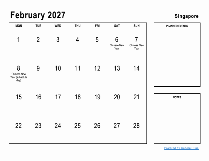 February 2027 Printable Monthly Calendar with Singapore Holidays