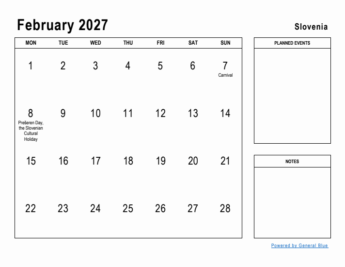 February 2027 Printable Monthly Calendar with Slovenia Holidays