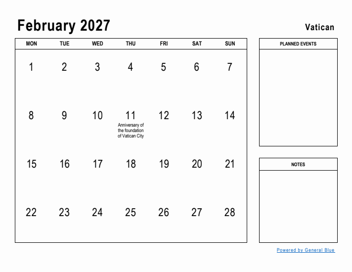 February 2027 Printable Monthly Calendar with Vatican Holidays