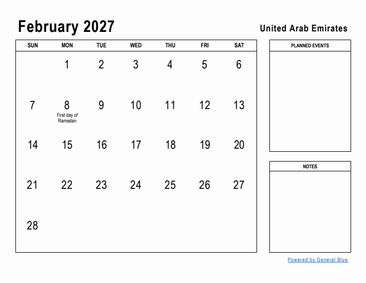 February 2027 Printable Monthly Calendar with United Arab Emirates Holidays