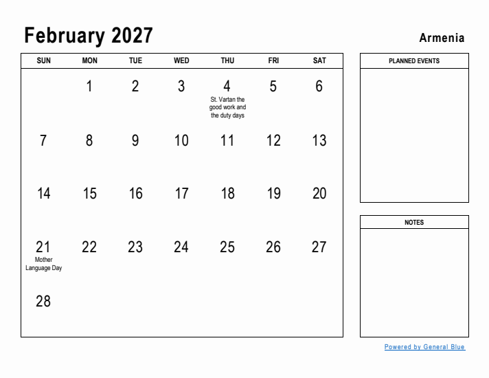 February 2027 Printable Monthly Calendar with Armenia Holidays